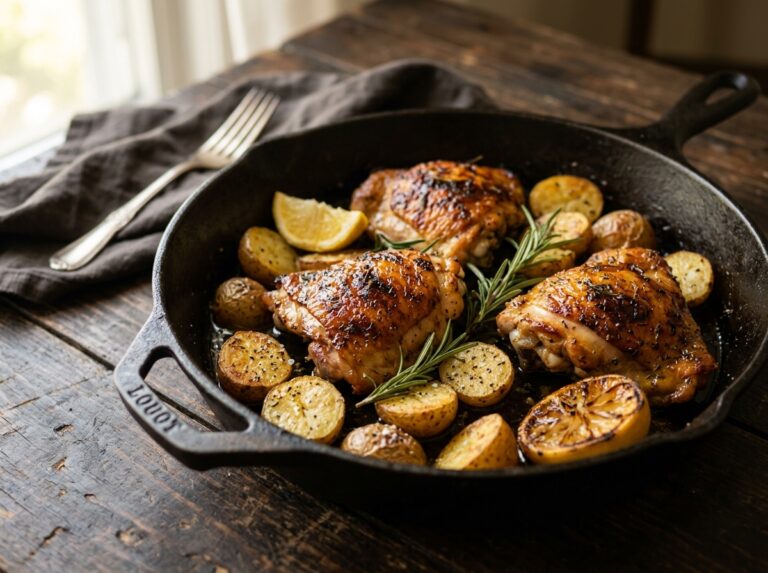 Skillet Chicken Thighs with Crispy-Edged Potatoes